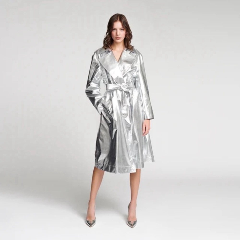 Silver Metallic Trench Coat - Women's Stylish Wrap Trench